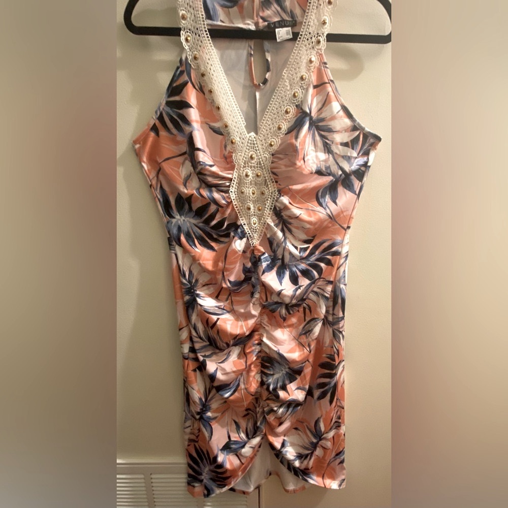 Tropical Print Summer Dress with Lace Detail